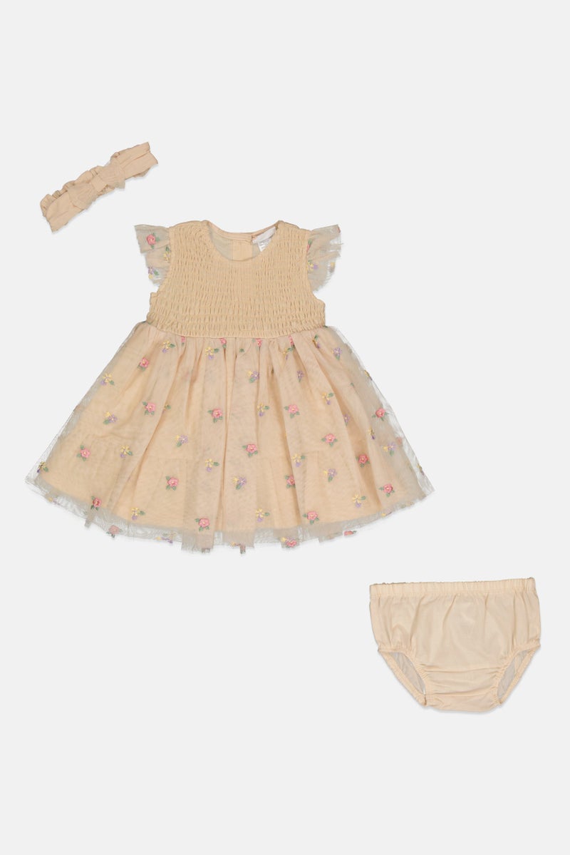 Daisy Fuentes Toddlers Girl 3 Pcs Embroidered Dress, Panty And Headband Set, Beige - Image 3